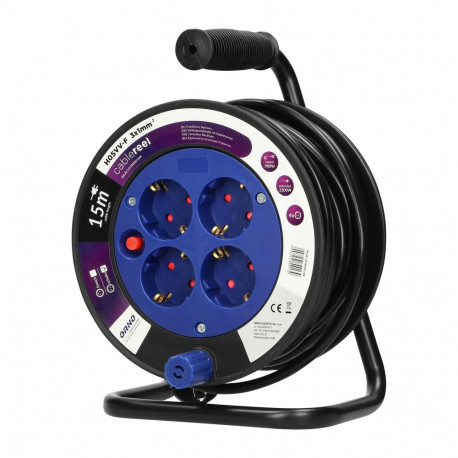 MINI trummel-pikendusjuhe, 4 schuko pistikupesa, metallist alus, polüvinüül H05VV-F 3x1mm² – 15 m