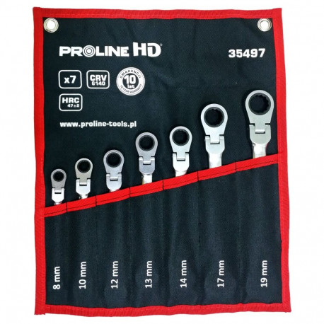 35497 Klucze oczkowo-płaskie, grzechotka przegub, 7sztuk (8-19mm), CV, Proline HD