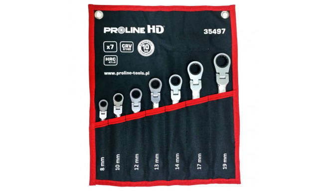 35497 Klucze oczkowo-płaskie, grzechotka przegub, 7sztuk (8-19mm), CV, Proline HD