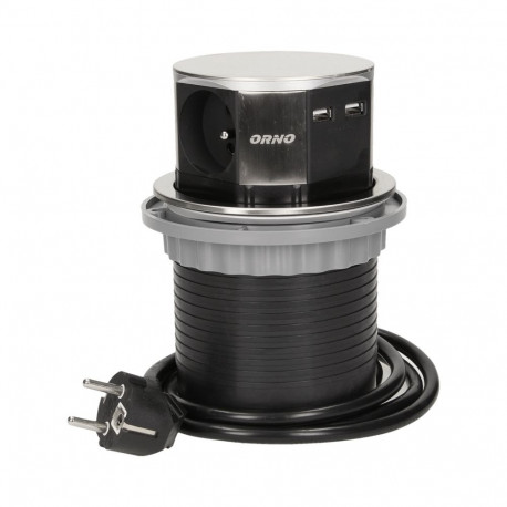 Mööblipesa 10cm tööpinnast väljatõmmatav, USB-laadija ja 1,5m juhtmega, 3x2P+Z, 2xUSB, INOX