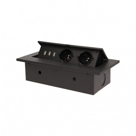 Mööblisse paigaldatav paksu servaga pistikupesa, 2x2P+Z, 3 USB porti, must