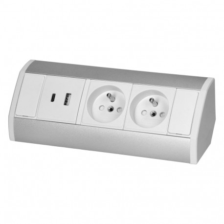 mööblipistik 2x2P+Z, 2xUSB (tüüp A+C; 2,4A), valge-hõbedane