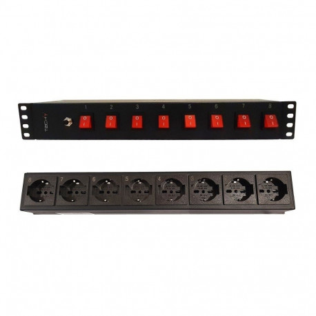 Rack Strip 19 1.5U, 8x UNEL socket rear, 8x switch front