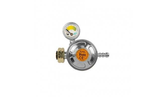 Propane butane gas regulator 30 mbar, 1,5kg/h with emergency valve and gauge, for 9-10mm