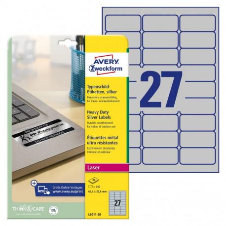 Sticker label from silver polyester film AVERY Zweckform 63.5x29.6mm 20 sheets in a pack (L6011-20)