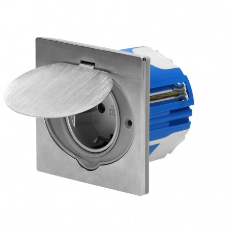 Hermetiline elektripistikupesa, IP44 roostevaba teras, tuulekindla paigalduskarbiga, Schuko versioon