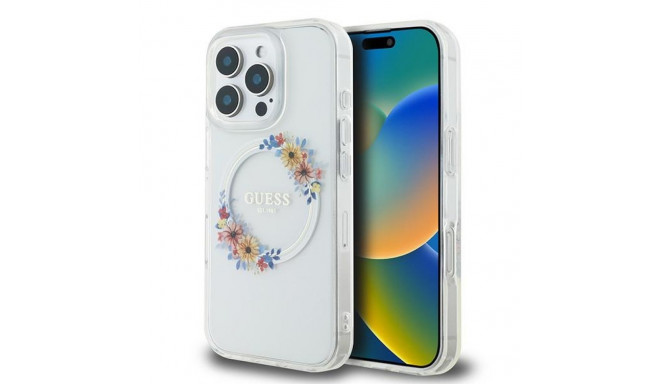 Guess GUHMP16LHFWFCT iPhone 16 Pro 6.3" läbipaistev kõvakate IML lillede pärg MagSafe