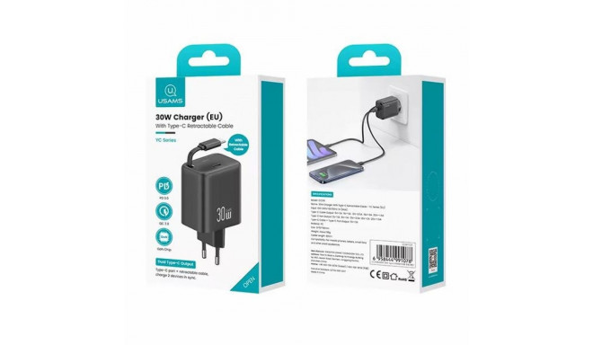 USAMS Charger 1xUSB-C with retractable USB-C Retractable PD+QC 30W Gan Fast Charging white