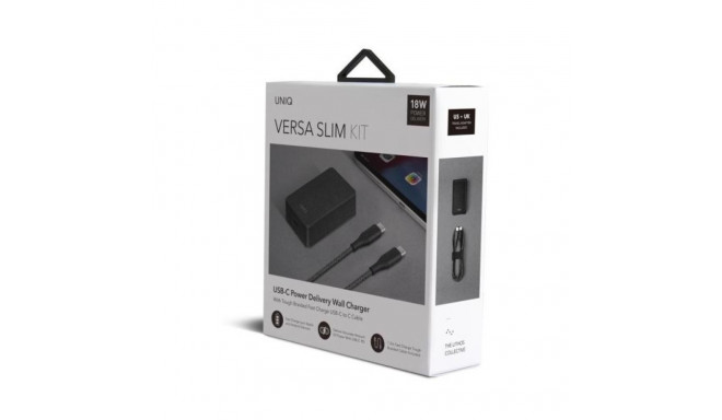 Uniq Versa Slim laadija USB-C PD 18W + USB-C-USB-C kaabel söe must (Lithos Collect)