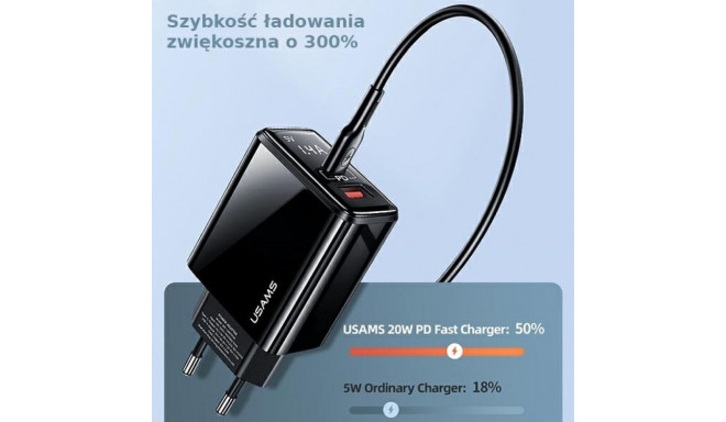 USAMS Lad. võrgulaadija 1xUSB-C+1xUSB T40 20WLED (pea ainult) PD3.0 +QC3.0 kiirlaadimine must/must C