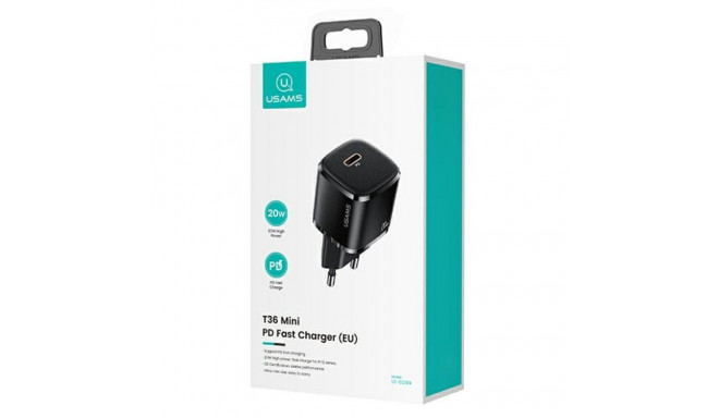 USAMS laadija 1xUSB-C T36 mini 20W + USB-C-Lightning kaabel must/must PD3.0 kiirlaadimine XFKXLOGTL0