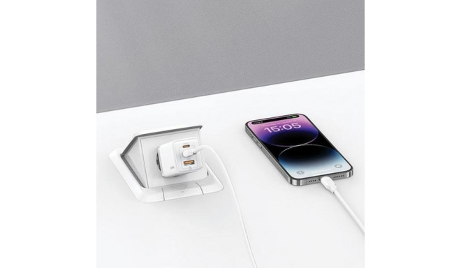 USAMS Charger 2xUSB-C+1xUSB 65W(only head) GaN PD3.0 +QC3.0 Fast Charging white Sandru Series CC180T