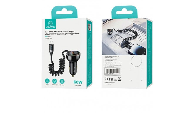 USAMS autolaadija C37 1xUSB+1xUSB-C 60W + Lightning kaabel 30W PD+QC kiirlaadimine must CC193CC0