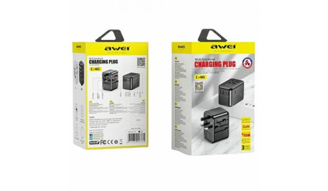 AWEI Network Adapter 2xUSB+3xUSB-C C-40 65W4in1 US/AU/EU/UK black Univesal Travel GaN Charger