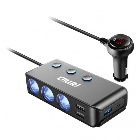 Amio-03781 sigaretisüütaja jagaja kolmik koos voltmeetriga usb usb-c laadija 12v 24v