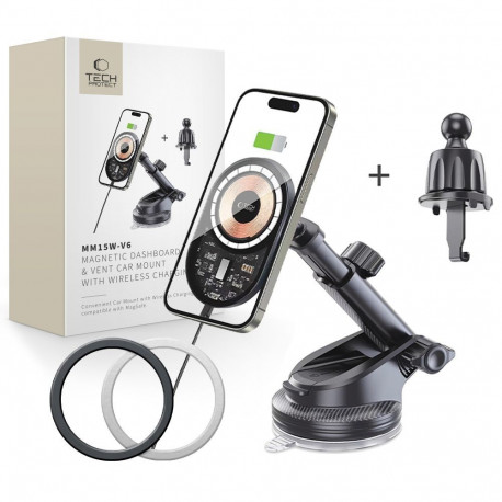 TECH-PROTECT MM15W-V6 MAGNETIC MAGSAFE DASHBOARD & VENT CAR MOUNT WIRELESS CHARGER 15W BLACK/INTERIO