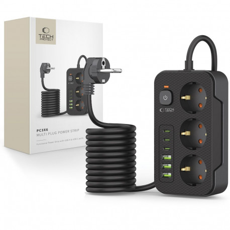 Tech-Protect power strip PC3X6 3 sockets + 3xUSB + 3xUSB-C 2m, black