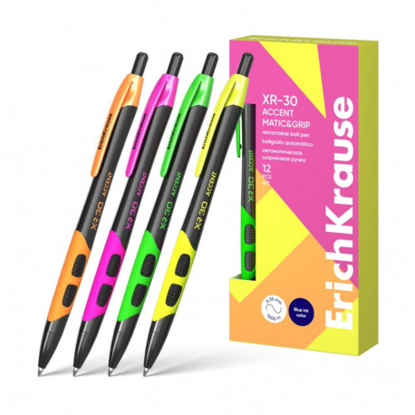 Retractable ballpoint pen ErichKrause XR-30 Matic&Grip Accent, ink color: blue (box 12 pcs.)
