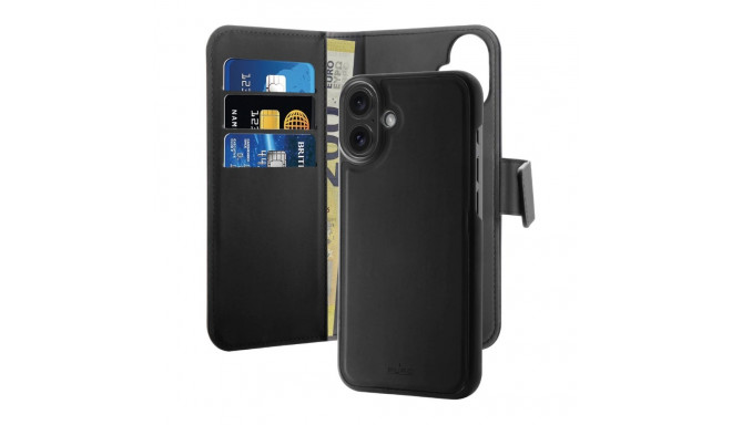 Puro Wallet Detachable MagSafe 2in1 PU Leather Case with Flap and Wallet for iPhone 16 Plus - Black