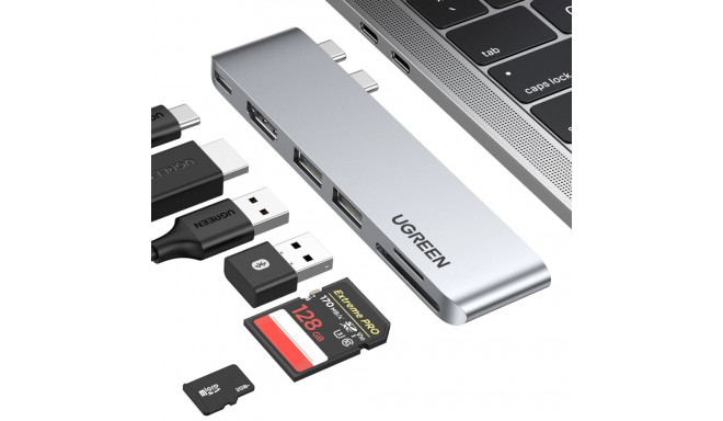 HUB Ugreen CM380 2xUSB C - HDMI/2xUSB 3.0/SD TF/USB C PD - gray