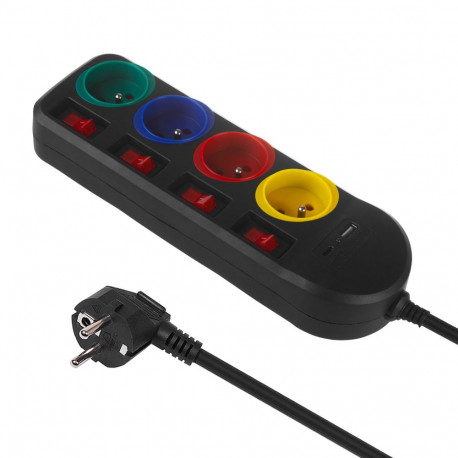Listwa zasilająca Maclean, przedłużacz 4 gniazda + USB A / C, z włącznikami, 250VAC/10A, 1.5m, czarn