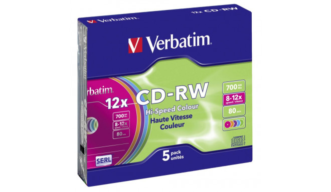 1x5 Verbatim CD-RW 80 / 700MB 10x Speed, Colour, Slim