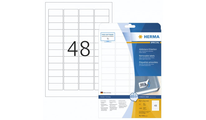 Herma Removable Labels 45,7x21,2 25 Sheets DIN A4 1200 pcs. 4346