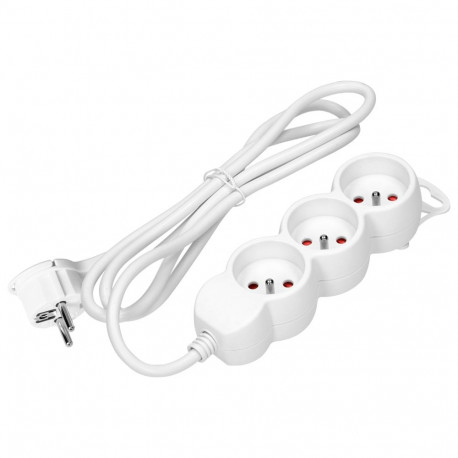 3-kordne pikendusjuhe 2P+Z, 3m H05VV-F 3x1,5mm2, Imax=16A, lame pistik, valge