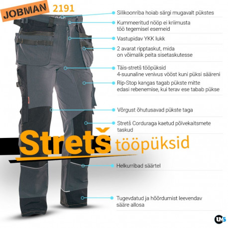 Jobman stretch vööpüksid ripptaskutega 2191 hallid 46