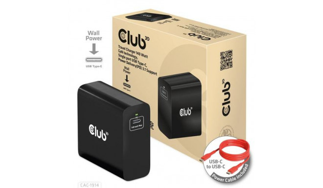 CLUB3D Travel Charger 140 Watt GaN technology, Single port USB Type-C, Power Delivery(PD) 3.1 Suppor