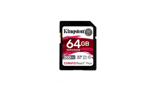 Kingston Technology 64GB Canvas React Plus SDXC UHS-II 300R/260W U3 V90 for Full HD/4K/8K