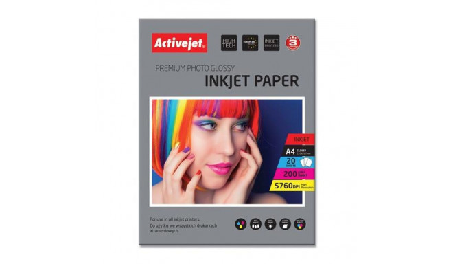 Activejet AP4-200G20 glossy photo paper; for ink printers; A4; 20 pcs