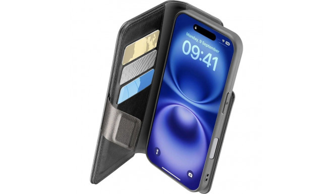 Kaardivahega mobiiliümbris Cellular Line iPhone 16 Wallet Agenda, must