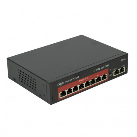 Switch POE PNI SWPOE82, 8 POE 100 Mbps ports and 2 UP Link 100 Mbps ports, 120 W, AI Extension up to