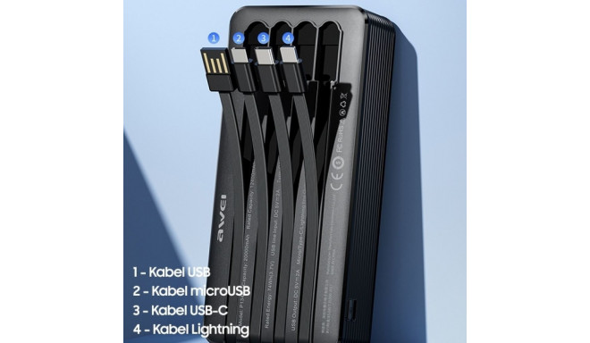 AWEI PowerBank P134K 20000mAh black display + USB/PD/Lightning/MicroUSB cables