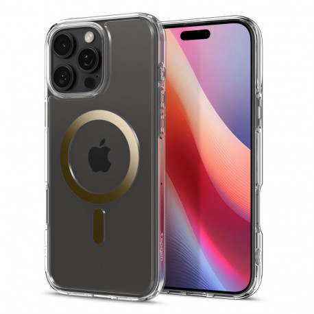 Kaitseümbris Ultra Hybrid (MagFit), Apple iPhone 16 Pro, läbipaistev kuldse MagSafe ringiga, Spigen