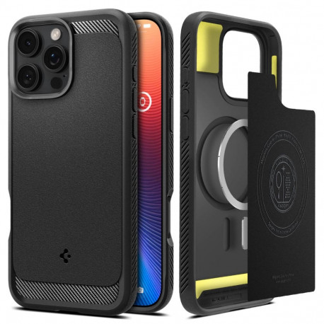 Kaitseümbris Rugged Armor (MagFit), Apple iPhone 16 Pro, must, MagSafe, Spigen