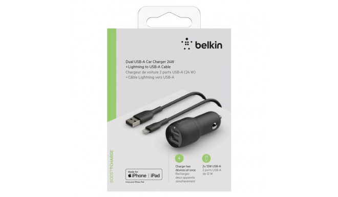 Belkin BoostCharge Dual USB-A Car Charger 24W -autolaturi USB-A - Lightning -kaapelilla, musta