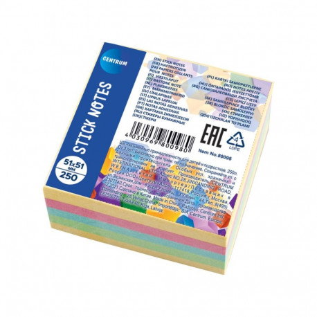 Märkmepaber iseliimuv 51x51mm CENTRUM 5x50 lehte assortiivärvid