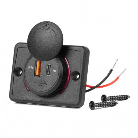 Veekindel ruudukujuline autolaadija usb-pesadega usb + usb-c qc3.0 12v 24v amio-04231