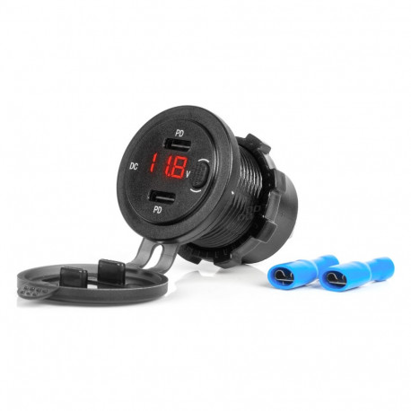 Veekindel autolaadija usb-pesade ja pingetesteriga lülitiga 2x usb-c 12v 24v amio-04226