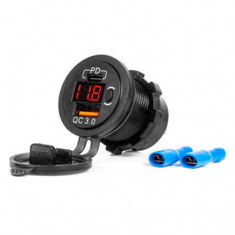 Veekindel autolaadija USB-pesade ja pingetesteriga lülitiga USB + USB-C QC3.0 12/24V amio-04222