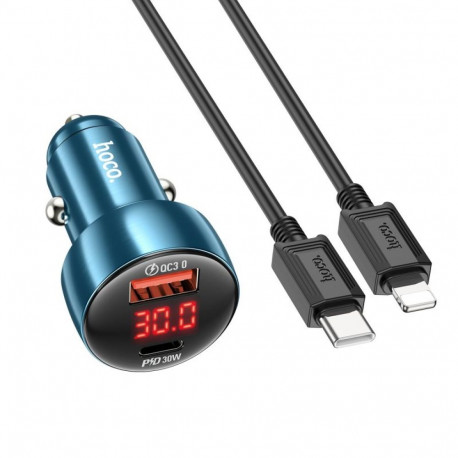 Car charger Hoco USB A + USB C QC3.0 PD 3A 48W with digital display + cable USB C to Lightning Z50 m