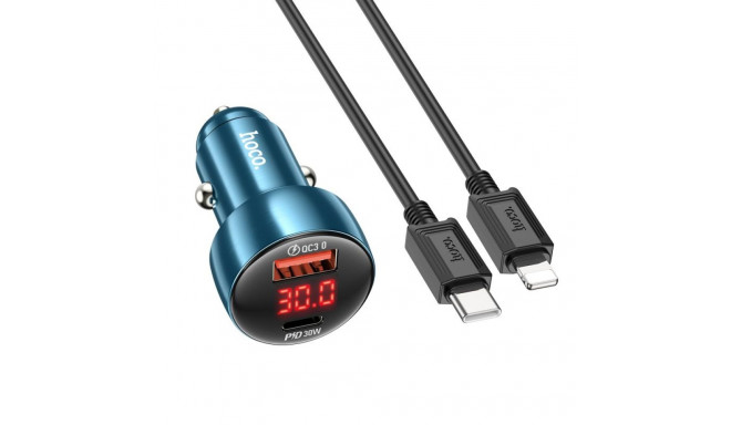 HOCO car charger USB A + Type C with digital display + cable Type C to Lightning PD QC3.0 3A 48W Z50