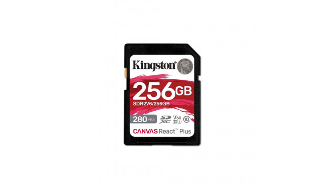 Kingston Technology 256GB Canvas React Plus SDXC UHS-II 280L/150K U3 V60 täis-HD/4K jaoks