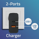 Qoltec 52381 Super Quick PD laadija | 1xUSB-C | 1xUSB| 90W | 5-20V | 2.4-4.35A | Must