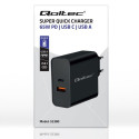 Qoltec 52380 Superkiire PD laadija | 1xUSB-C | 1xUSB | 65W | 5-20V | 1.5-3.25A | Must