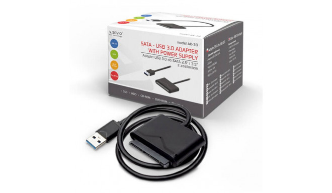 SAVIO AK-39  USB 3.0 - SATA III adapter for 3.5”/2 5  drives with power supply Black