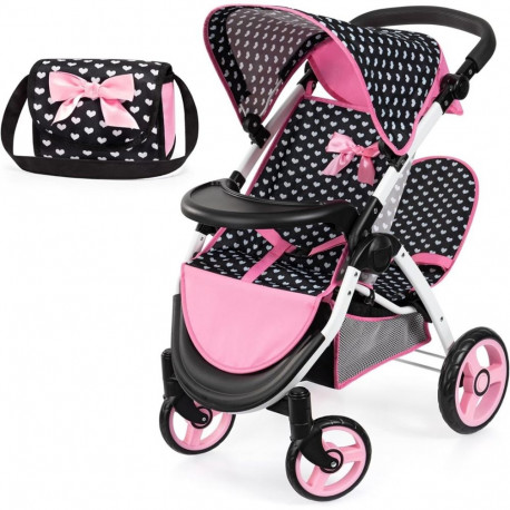 Doll stroller for twins black with bow