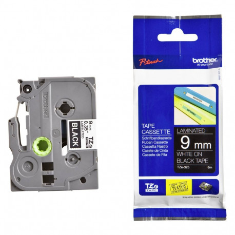 Brother TZe-325 -tarranauha, 9 mm x 8 m, valge mustal taustal